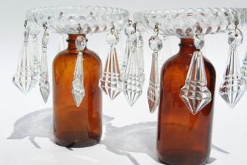 catalog photo of vintage glass teardrop prisms, pair of bobeches for candlesticks or bud vases