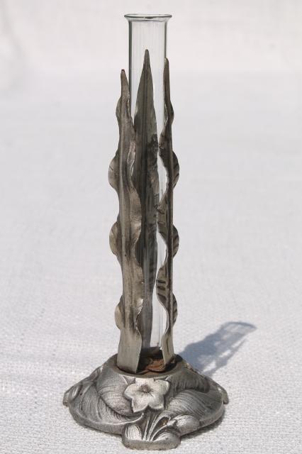 photo of vintage glass test tube bud vase w/ cast iron stand, art nouveau style reeds & water lily #1