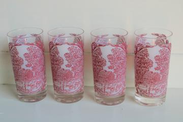 catalog photo of vintage glass tumblers, red & white Currier and Ives pattern drinking glasses set