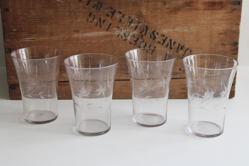 photo of vintage glass tumblers w/ birds and leaves, clear etched wheel cut pattern drinking glasses  #1