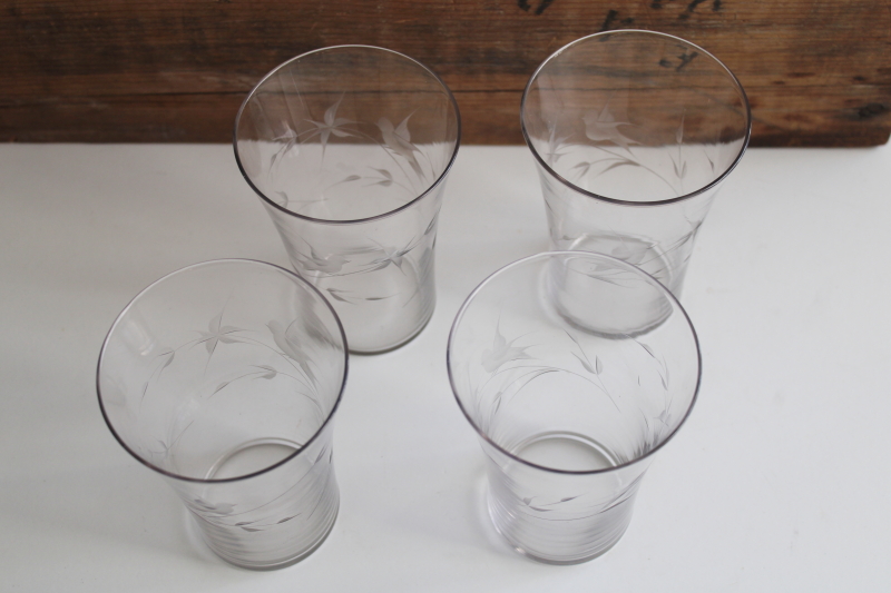 photo of vintage glass tumblers w/ birds and leaves, clear etched wheel cut pattern drinking glasses  #3