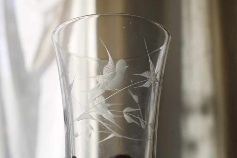 photo of vintage glass tumblers w/ birds and leaves, clear etched wheel cut pattern drinking glasses  #4