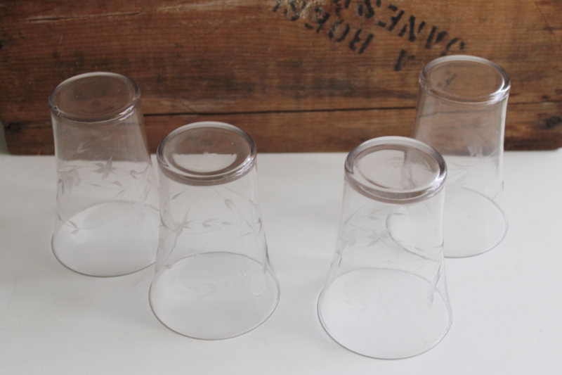 photo of vintage glass tumblers w/ birds and leaves, clear etched wheel cut pattern drinking glasses  #5