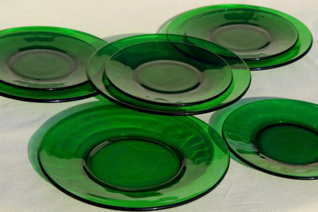 photo of vintage glassware, forest green glass dishes, salad & bread plates set #2