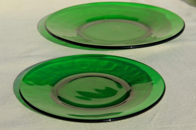 photo of vintage glassware, forest green glass dishes, salad & bread plates set #5