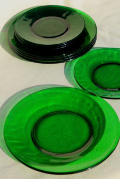 catalog photo of vintage glassware, forest green glass dishes, salad & bread plates set