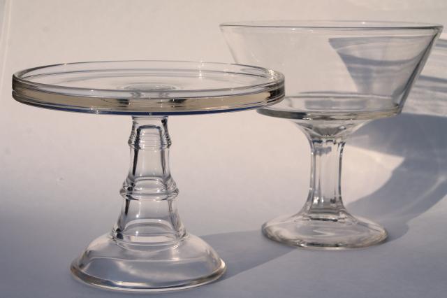 photo of vintage glassware, plain elegant glass serving pieces, salver cake stand & compote fruit bowl #1