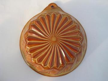 catalog photo of vintage glazed pottery food mold, for pudding or flan