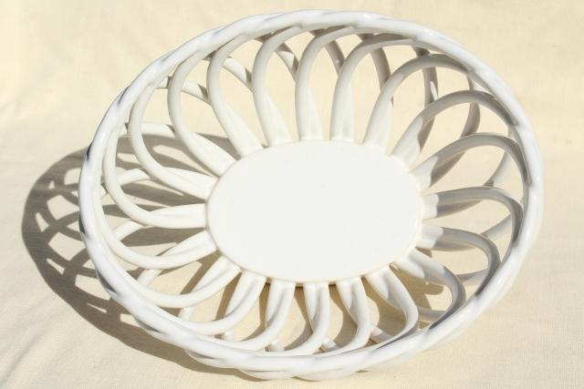 photo of vintage glossy white ceramic basket weave bowl, large oval fruit dish #5