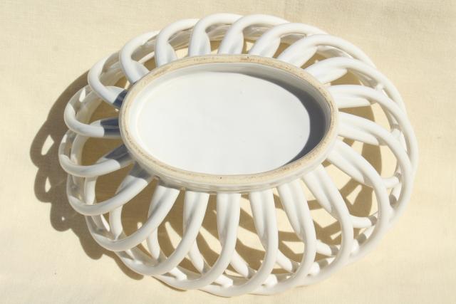 photo of vintage glossy white ceramic basket weave bowl, large oval fruit dish #6