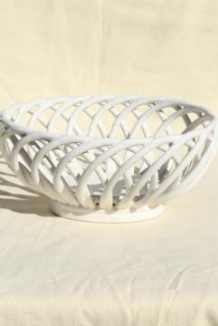 catalog photo of vintage glossy white ceramic basket weave bowl, large oval fruit dish