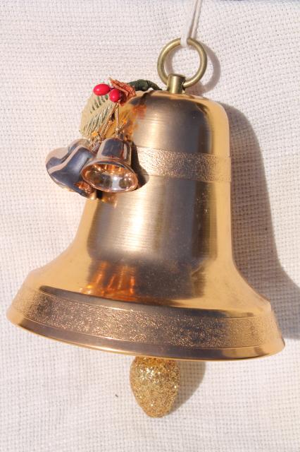 photo of vintage gold aluminum Christmas bell, musical music box holiday decoration in original box #2