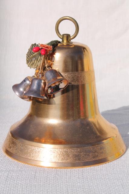 photo of vintage gold aluminum Christmas bell, musical music box holiday decoration in original box #3