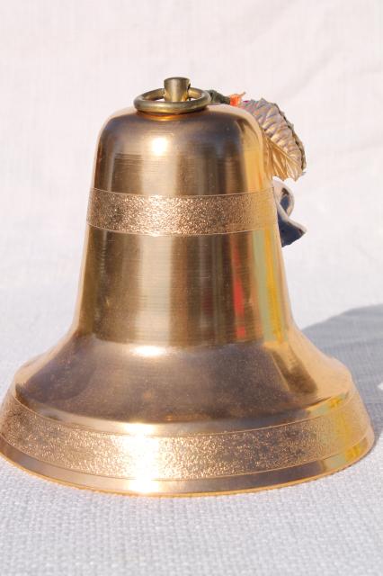 photo of vintage gold aluminum Christmas bell, musical music box holiday decoration in original box #4