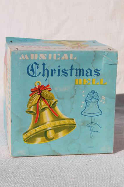 photo of vintage gold aluminum Christmas bell, musical music box holiday decoration in original box #9