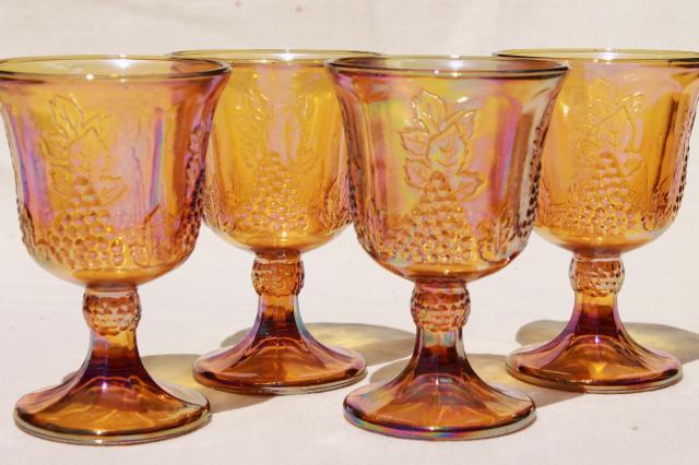 photo of vintage gold & blue iridescent carnival glass, harvest grapes goblets wine glasses #2
