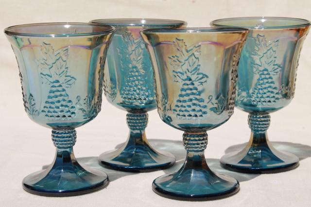 photo of vintage gold & blue iridescent carnival glass, harvest grapes goblets wine glasses #5