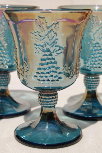 photo of vintage gold & blue iridescent carnival glass, harvest grapes goblets wine glasses #6