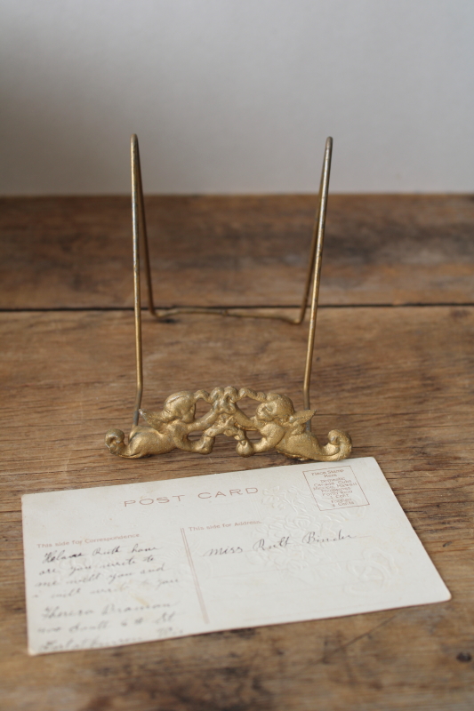 photo of vintage gold cherubs wire easel picture holder stand w/ antique Valentine postcard  #2