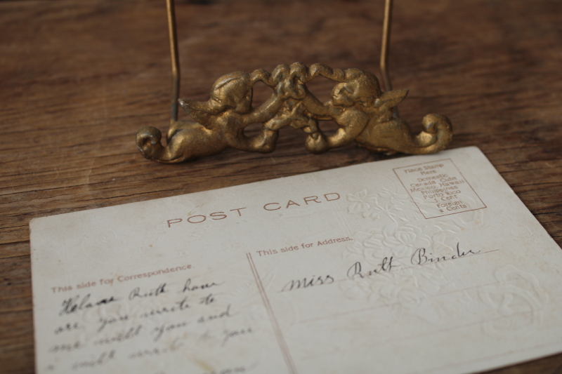 photo of vintage gold cherubs wire easel picture holder stand w/ antique Valentine postcard  #3