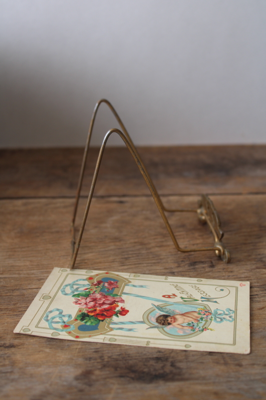 photo of vintage gold cherubs wire easel picture holder stand w/ antique Valentine postcard  #4