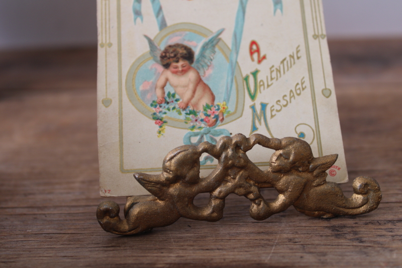 photo of vintage gold cherubs wire easel picture holder stand w/ antique Valentine postcard  #6