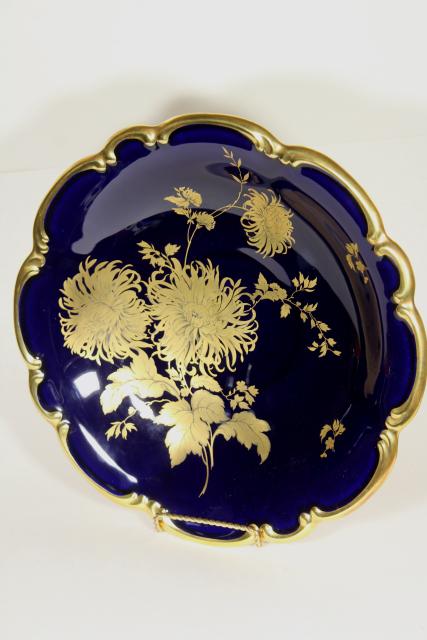 photo of vintage gold chrysanthemum cobalt blue, hand painted Bavaria china large bowl centerpiece #1