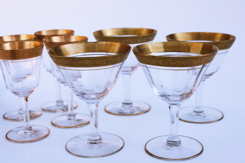 photo of vintage gold encrusted Rambler Rose Tiffin stemware, champagne & wine glasses #4