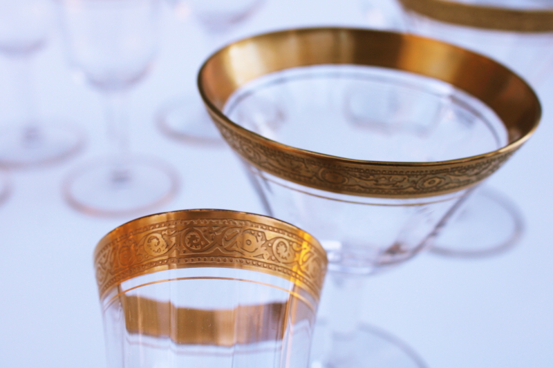 photo of vintage gold encrusted Rambler Rose Tiffin stemware, champagne & wine glasses #6