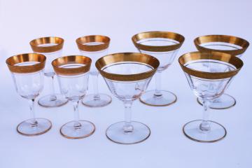 catalog photo of vintage gold encrusted Rambler Rose Tiffin stemware, champagne & wine glasses