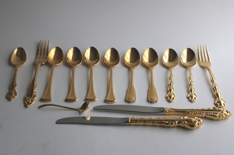 photo of vintage gold flatware, mismatched patterns, mixed lot spoons, forks, table knives  #1