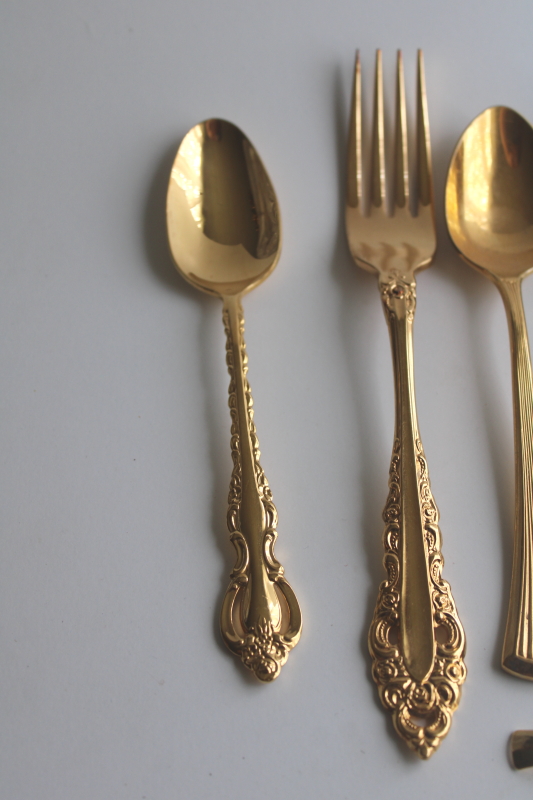 photo of vintage gold flatware, mismatched patterns, mixed lot spoons, forks, table knives  #6