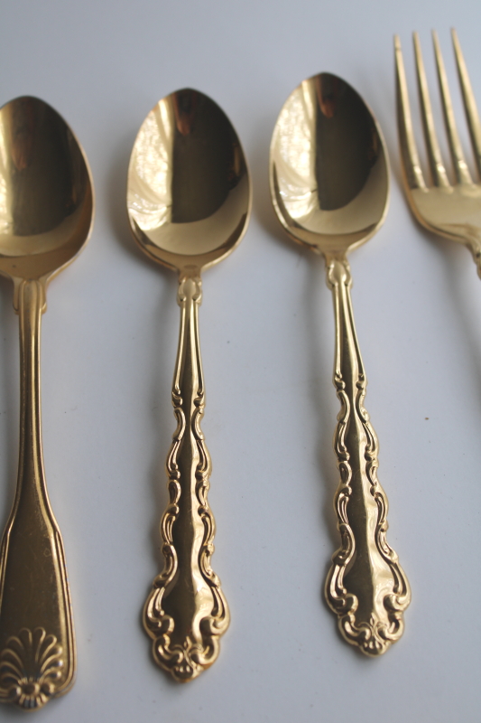 photo of vintage gold flatware, mismatched patterns, mixed lot spoons, forks, table knives  #11