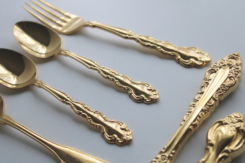 photo of vintage gold flatware, mismatched patterns, mixed lot spoons, forks, table knives  #12