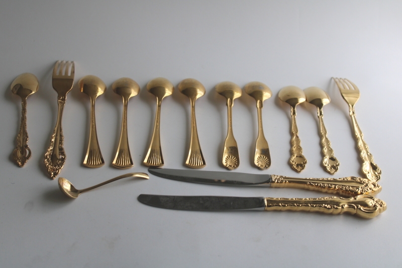 photo of vintage gold flatware, mismatched patterns, mixed lot spoons, forks, table knives  #13