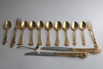 catalog photo of vintage gold flatware, mismatched patterns, mixed lot spoons, forks, table knives 