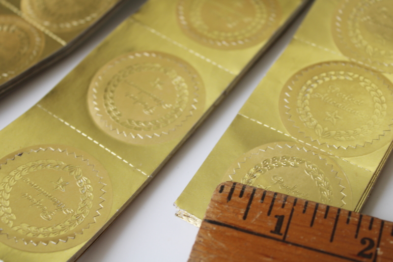 photo of vintage gold foil reward stickers, Perfect Attendance seals, Citizenship, Honor Roll #5