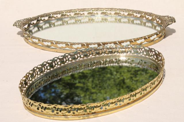 photo of vintage gold lace filigree vanity tray mirrors, mirrored glass perfume trays #1