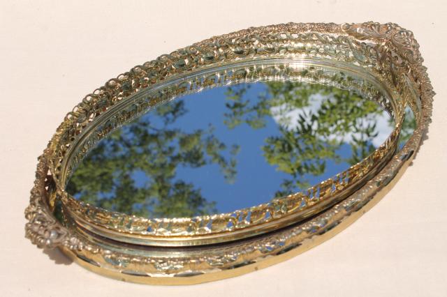 photo of vintage gold lace filigree vanity tray mirrors, mirrored glass perfume trays #3