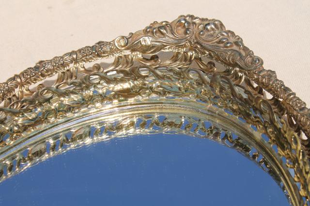 photo of vintage gold lace filigree vanity tray mirrors, mirrored glass perfume trays #4