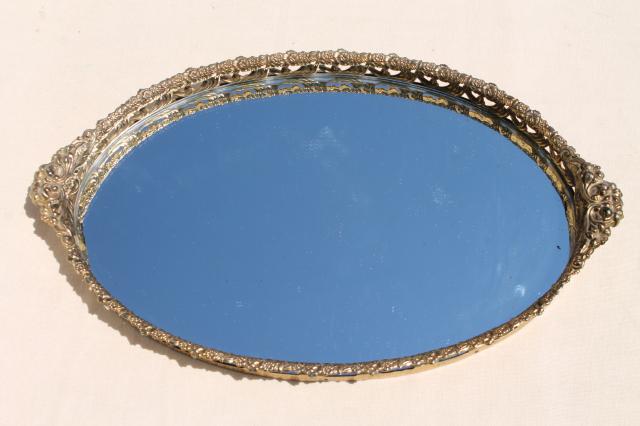 photo of vintage gold lace filigree vanity tray mirrors, mirrored glass perfume trays #6