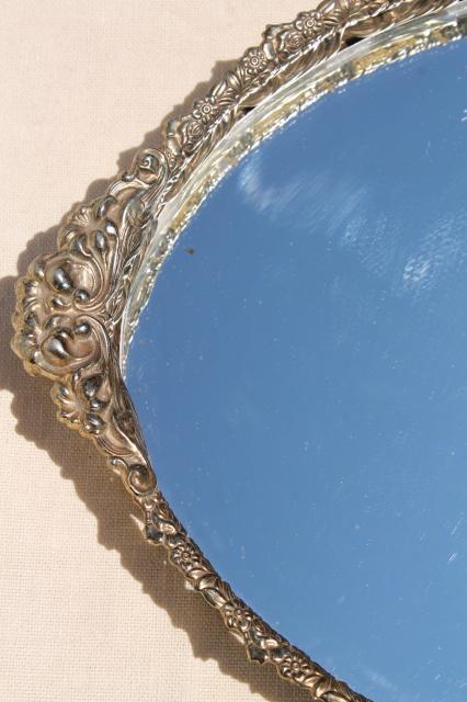 photo of vintage gold lace filigree vanity tray mirrors, mirrored glass perfume trays #7