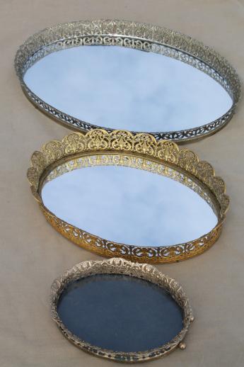 photo of vintage gold lace filigree vanity tray mirrors, mirrored glass perfume trays #1