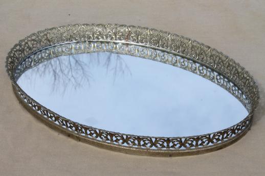 photo of vintage gold lace filigree vanity tray mirrors, mirrored glass perfume trays #8