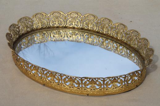 photo of vintage gold lace filigree vanity tray mirrors, mirrored glass perfume trays #12