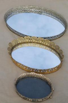 catalog photo of vintage gold lace filigree vanity tray mirrors, mirrored glass perfume trays