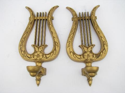 photo of vintage gold metal lyres or harps, french provincial music room wall sconces #1