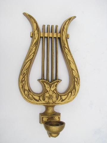 photo of vintage gold metal lyres or harps, french provincial music room wall sconces #3