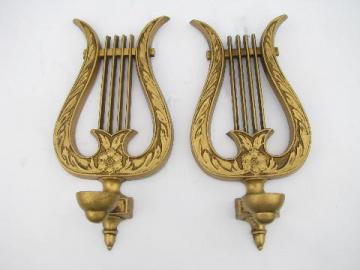 catalog photo of vintage gold metal lyres or harps, french provincial music room wall sconces