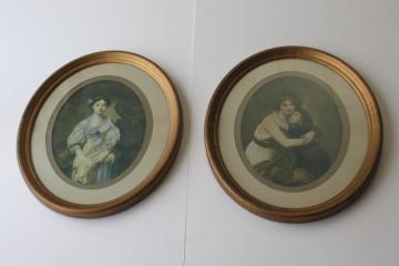 catalog photo of vintage gold painted tin picture frames, oval matted frames w/ romantic era prints